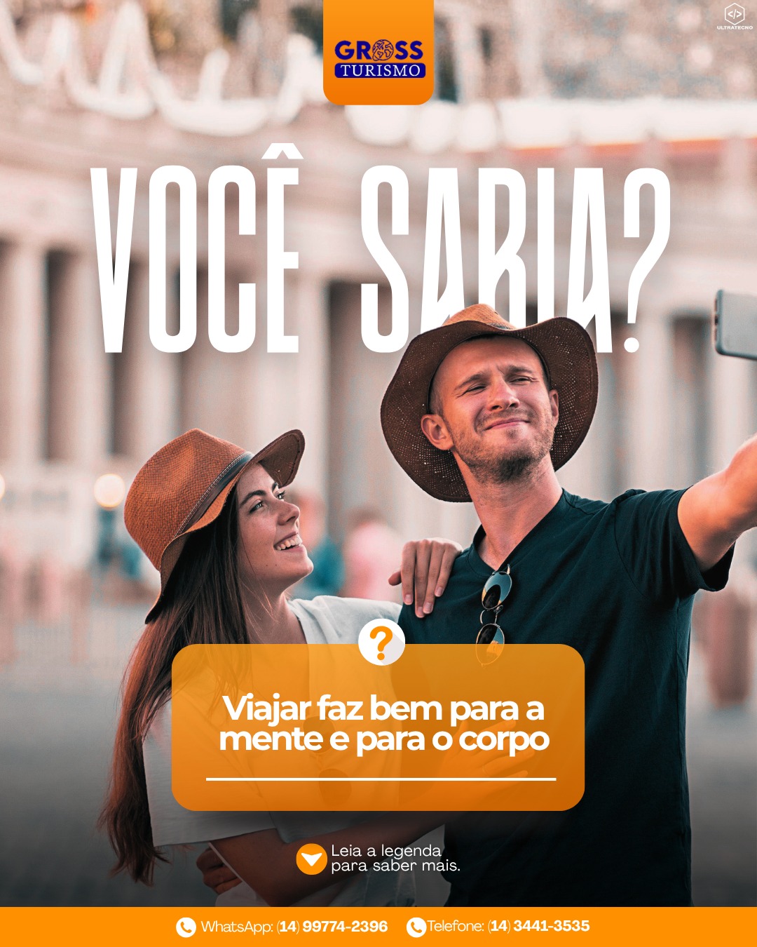 Viajar é muito mais do que conhecer novos lugares!

Quando você sai da rotina, experimenta novas culturas e vive novas experiências, o cérebro passa por estímulos que ajudam a reduzir o estresse e aumentar a sensação de bem-estar. Talvez por isso, muitas pessoas dizem que viajar é uma das melhores formas de renovar as energias. 😉

E você, já tem um destino em mente para sua próxima viagem?

✈️ Conte para a gente nos comentários.

Fale com a Gross Turismo pelo WhatsApp para conhecer os pacotes disponíveis!
📲 WhatsApp: (14) 99774-2396
📞 Telefone: (14) 3441-3535
🌐 grossturismo.com.br
📍R. Iporans, 1034 - Centro, Tupã - SP

#GrossTurismo #Viajar #ViagemNacional #Inverno #Brasil #Destinos #Viagem