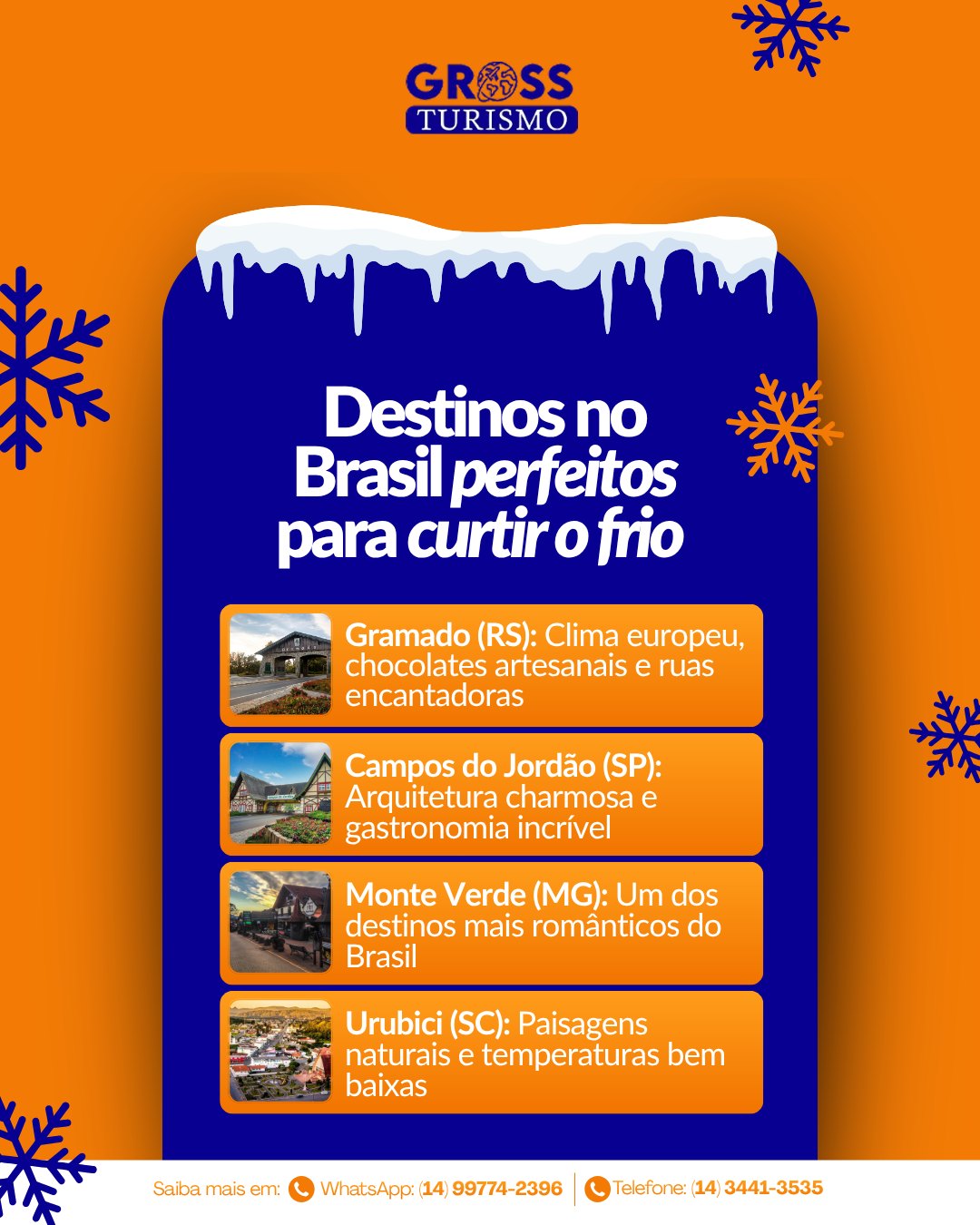 Quando o frio chega, alguns destinos brasileiros ficam ainda mais especiais!

Cidades de serra ganham um clima aconchegante, perfeito para aproveitar boa gastronomia, passeios charmosos e momentos inesquecíveis.

Seja para uma viagem romântica, em família ou até mesmo para relaxar, esses destinos são ótimas opções para curtir o inverno.

✅ Salve esse post para lembrar na hora de planejar sua viagem.

 Fale com a Gross Turismo pelo WhatsApp para conhecer os pacotes disponíveis!
📲 WhatsApp: (14) 99774-2396
📞 Telefone: (14) 3441-3535
🌐 grossturismo.com.br
📍R. Iporans, 1034 - Centro, Tupã - SP

#GrossTurismo #Gramado #CamposdoJordão #Inverno #Brasil #Destinos #Viagem